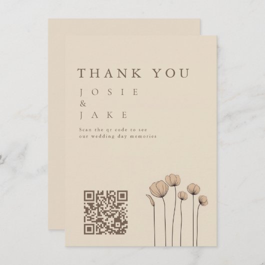 ワイルドフラワ結婚ーのサンキューカードとQRコード 招待状 (正面/裏面)