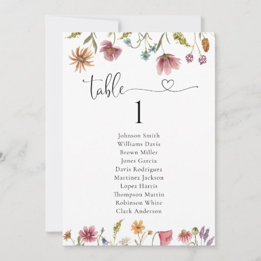 ワイルドフラワ結婚ーのテーブル座席表カード (正面)