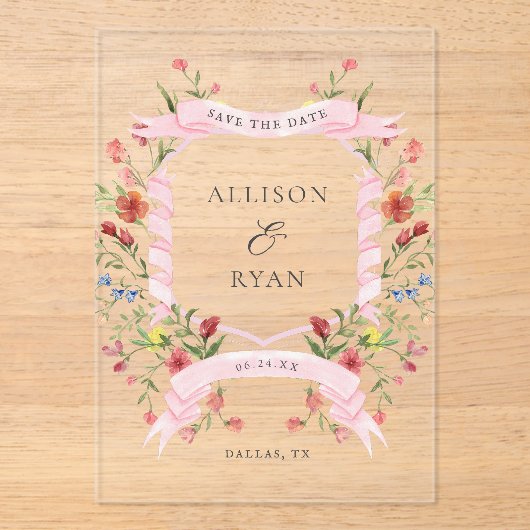 ワイルドフラーエレガントのア結婚クリルの日付を保存 アクリル招待状 (正面)