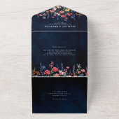 ワイルドフラー素朴カントリーBohoフローラネイビー結婚ズ オールインワン招待状