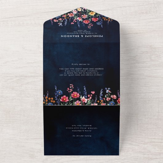 ワイルドフラー素朴カントリーBohoフローラネイビー結婚ズ オールインワン招待状 (外側)