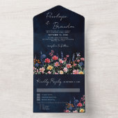 ワイルドフラー素朴カントリーBohoフローラネイビー結婚ズ オールインワン招待状