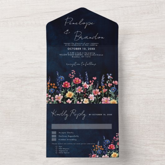 ワイルドフラー素朴カントリーBohoフローラネイビー結婚ズ オールインワン招待状 (内側)