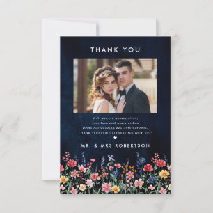 ワイルドフラー素朴カントリーBohoフローラネイビー結婚ズ サンキューカード