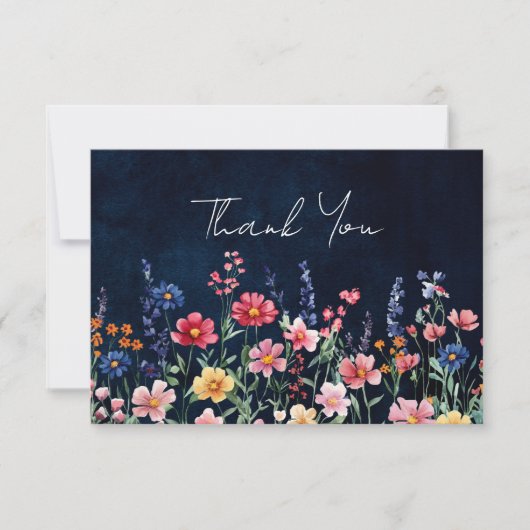 ワイルドフラー素朴カントリーBohoフローラネイビー結婚ズ サンキューカード (正面)