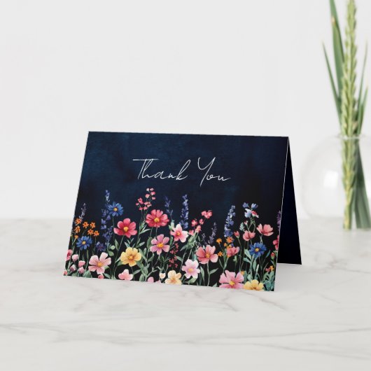 ワイルドフラー素朴カントリーBohoフローラネイビー結婚ズ サンキューカード (正面)