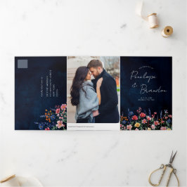 ワイルドフラー素朴カントリーBohoフローラネイビー結婚ズ 三つ折り案内状