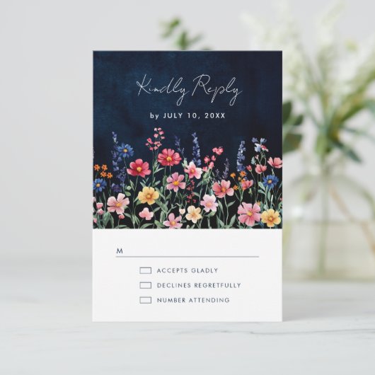 ワイルドフラー素朴カントリーBohoフローラネイビー結婚ズ 出欠カード (スタンド正面)