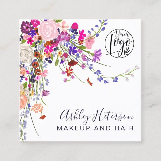 ワイルドフローラピンクのオレンジ色のロゴヘアメイクアップ スクエア名刺 (正面)