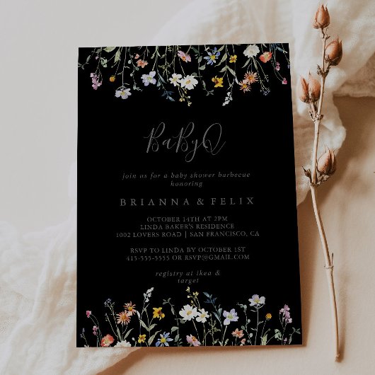 ワイルドフローラルブラックベビーQベビーシャワーバーベキュー 招待状