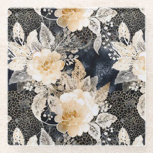 ワイルドブラッククリームヒョウ動物フローラ ガラスコースター (正面)