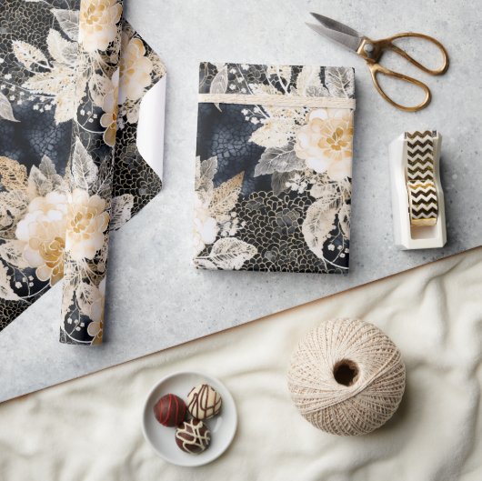 ワイルドブラッククリームヒョウ動物フローラ ラッピングペーパー (クラフト)