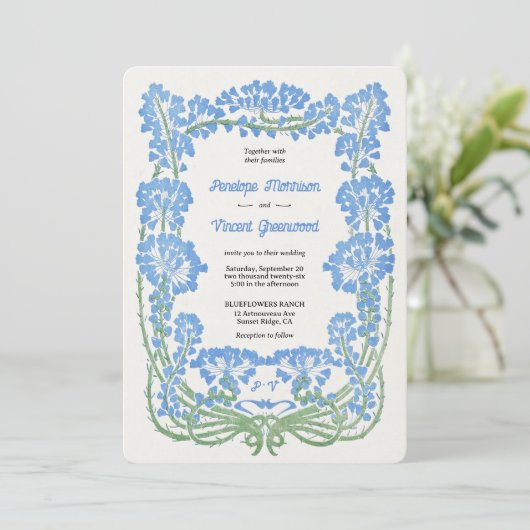 ワイルドブルーフラワーレタープレススタイル結婚ズ 招待状 (スタンド正面)