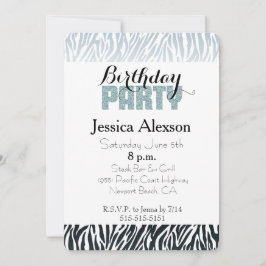 ワイルドブルーブラックゼブラバースデーグリッター パーティー 招待状