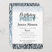 ワイルドブルーブラックゼブラ誕生日グリッターパーティー 招待状 (正面/裏面)
