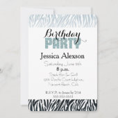 ワイルドブルーブラックゼブラ誕生日グリッターパーティー 招待状 (正面)
