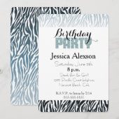 ワイルドブルー ブラック ゼブラ バースデー グリッター パーティー 招待状 (正面/裏面)