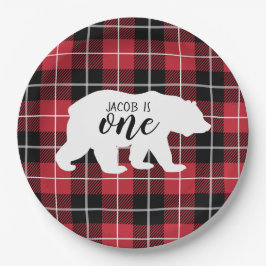 ワイルドベアフランネルプレイドパターン1st誕生日パーティー ペーパープレート