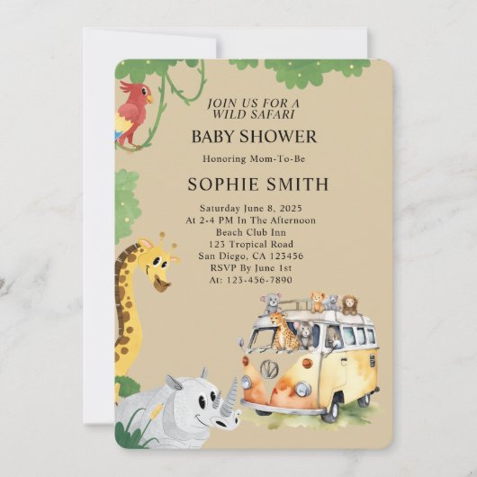 ワイルドホイールサファリ動物キャンパーヴァンベビーシャワー 招待状 (正面)