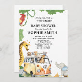 ワイルドホイールサファリ動物キャンパーヴァンベビーシャワー 招待状 (正面/裏面)