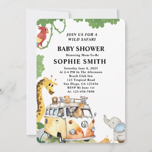 ワイルドホイールサファリ動物キャンパーヴァンベビーシャワー 招待状 (正面)