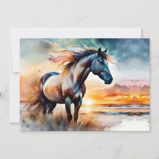 ワイルドホースon草の多い砂丘で夕日 (正面)