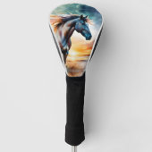 ワイルドホースon草の多い砂丘で夕日 ゴルフヘッドカバー (正面)