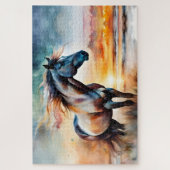 ワイルドホースon草の多い砂丘で夕日 ジグソーパズル (縦)