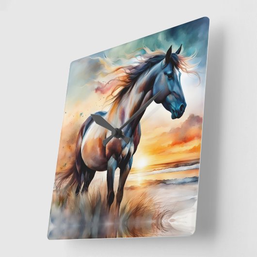 ワイルドホースon草の多い砂丘で夕日 スクエア壁時計 (傾斜)