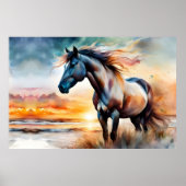 ワイルドホースon草の多い砂丘で夕日 ポスター (正面)