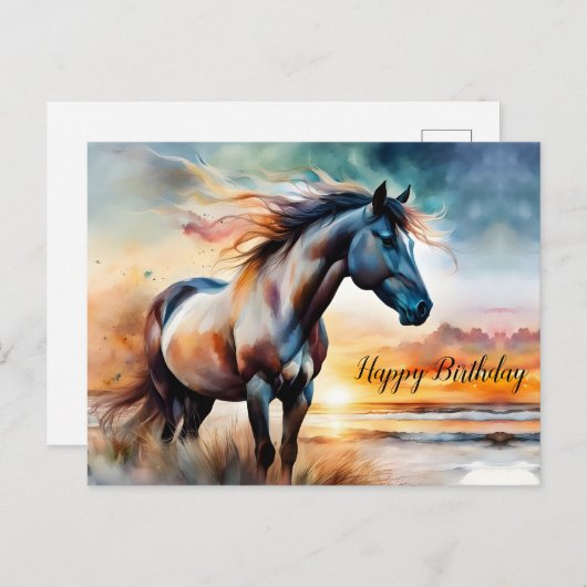 ワイルドホースon草の多い砂丘で夕日 ポストカード (正面/裏面)