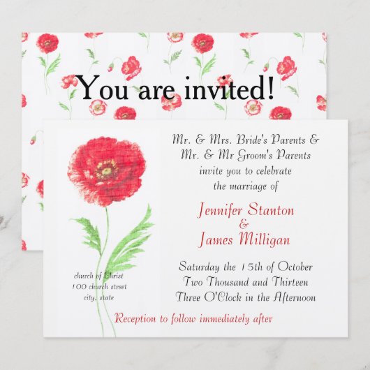 ワイルドポピー花 招待状 (正面/裏面)