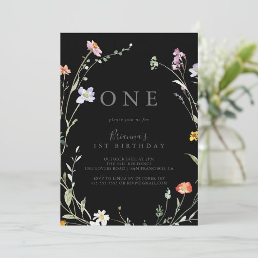 ワイルドマルチカラーフローラルブラックファースト誕生日パーティー 招待状 (スタンド正面)
