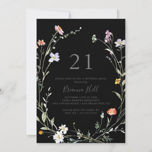 ワイルドマルチカラーフローラルブラック21stバースデーパーティー 招待状 (正面)