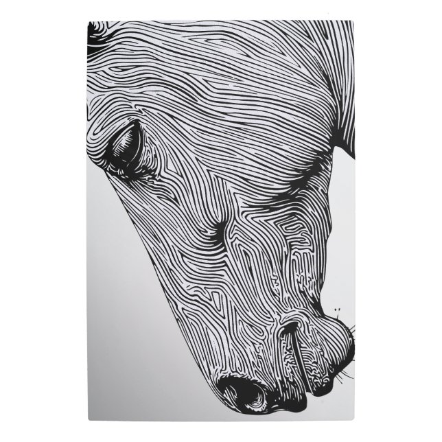 ワイルドミニマリストラインアートホースの流れ メタルプリント (正面)