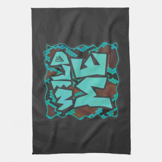 ワイルドミースネークブラウンとティール(緑がかった色)プリント キッチンタオル (縦)