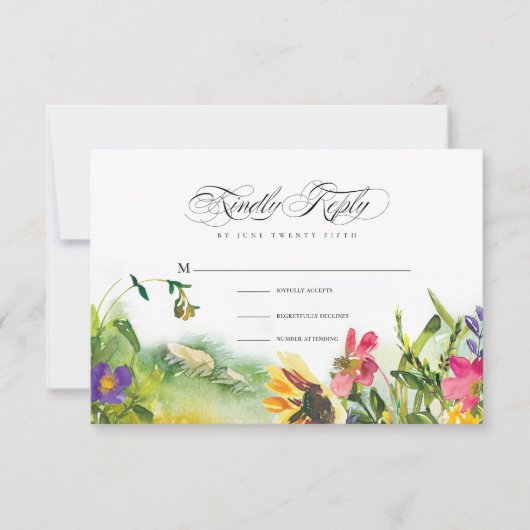ワイルドメドウサンフラワーウェディングRSVPカード 招待状 (正面)