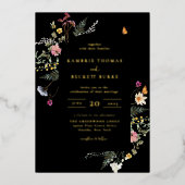 ワイルドメドウフローラアーチフレームブラック結婚ズ 箔招待状 (正面)