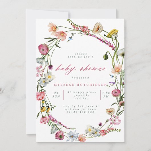 ワイルドモダンフラワーズリースベビーシャワー招待状 招待状 (正面)