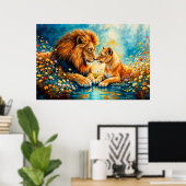 ワイルドライドライオンライオネスファンタジーロマンチックな芸術 ポスター (ホームオフィス)