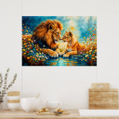 ワイルドライドライオンライオネスファンタジーロマンチックな芸術 ポスター (キッチン)