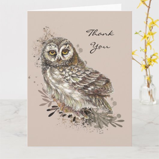 ワイルドライフウォーターカラーアート自然、フクロウ、バードカード カード (黄色い花)