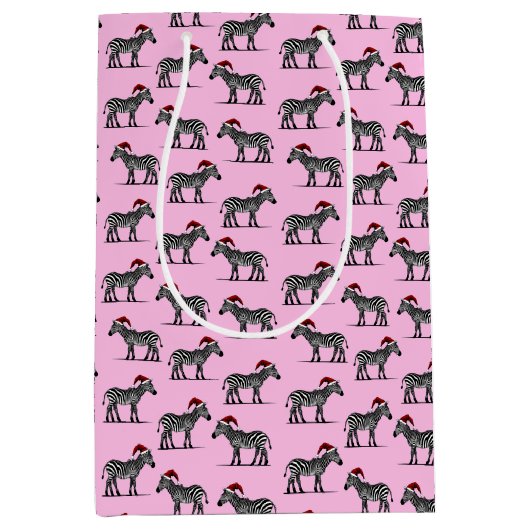 ワイルドライフサファリ動物ゼブラサンタハットクリスマス ミディアムペーパーバッグ (正面)