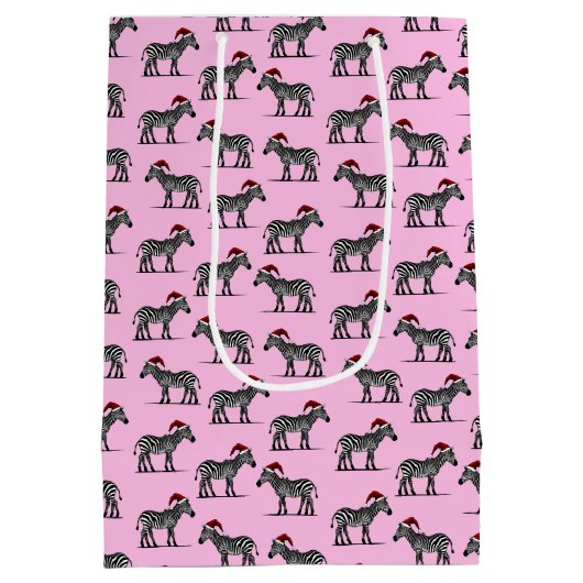 ワイルドライフサファリ動物ゼブラサンタハットクリスマス ミディアムペーパーバッグ (裏面)