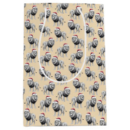 ワイルドライフサファリ動物ライオンサンタハットクリスマス ミディアムペーパーバッグ