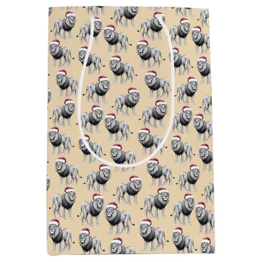 ワイルドライフサファリ動物ライオンサンタハットクリスマス ミディアムペーパーバッグ (正面)