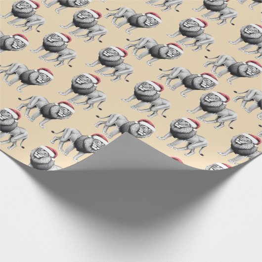 ワイルドライフサファリ動物ライオンサンタハットクリスマス ラッピングペーパー (角)