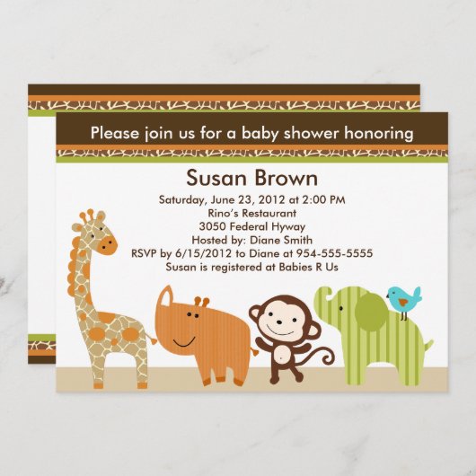 ワイルドライフジャングル動物ベビースシャワー招待状 招待状 (正面/裏面)