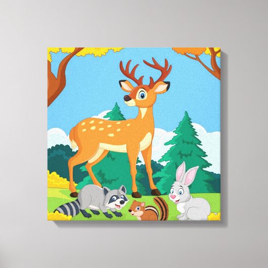 ワイルドライフラクーンチプムンクラビットディア秋ランドスカ キャンバスプリント (正面)