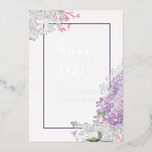 ワイルドライラックの花のSave the Date 箔招待状 (正面)